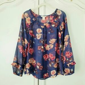 Sundance Blue Floral Silk Chiffon Ruffle Long Sleeve Pullover Top Womens Small